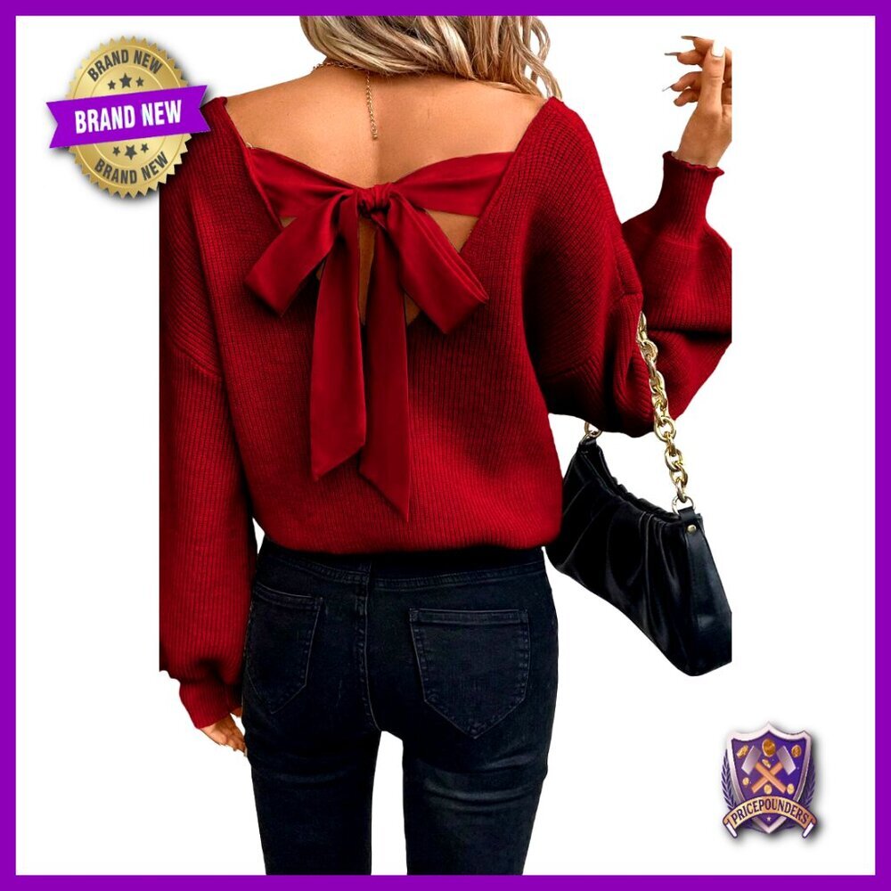 Oversized V-Neck Pullover Sweater with Bow Back and Off-Shoulder Design